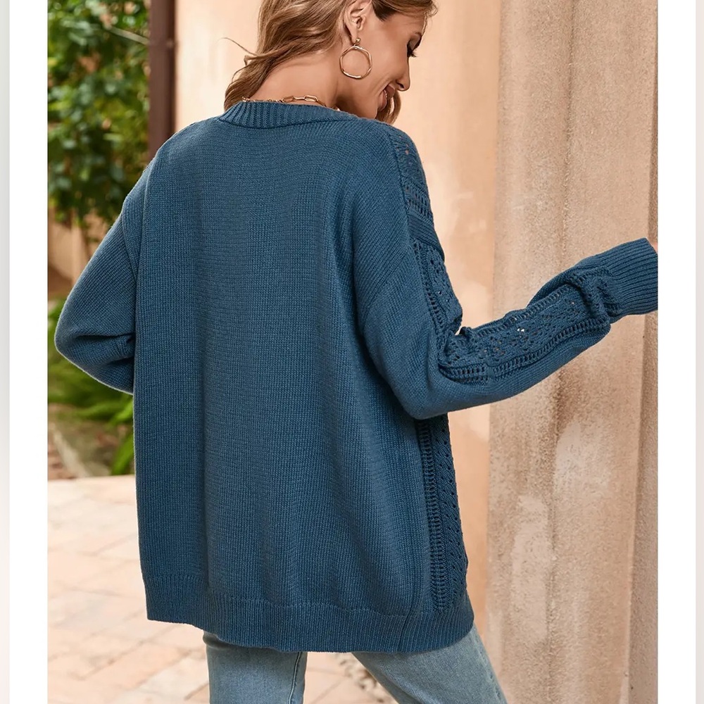 Open Knit Drop Shoulder Cardigan in Teal Size Medium - Picture 6 of 10